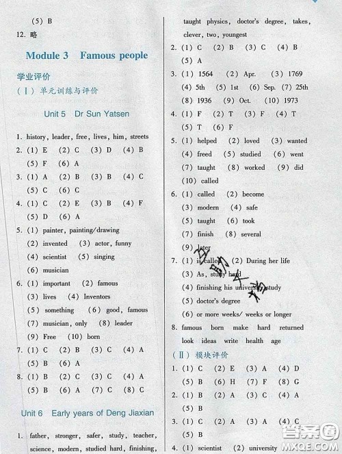 2020新版阳光学业评价六年级英语下册教科版参考答案