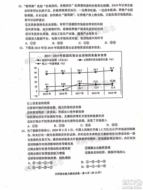 2020年云南省高中毕业班复习统一检测文科综合试题及答案