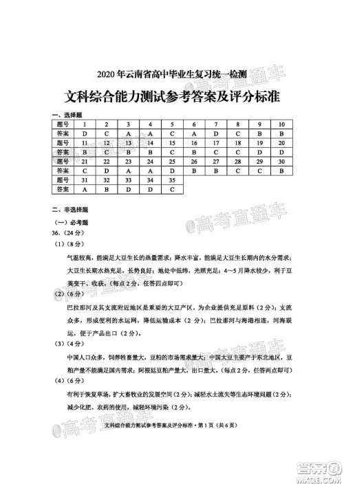 2020年云南省高中毕业班复习统一检测文科综合试题及答案 2020年云南省高中毕业班复习统一检测文科综合试题及答案