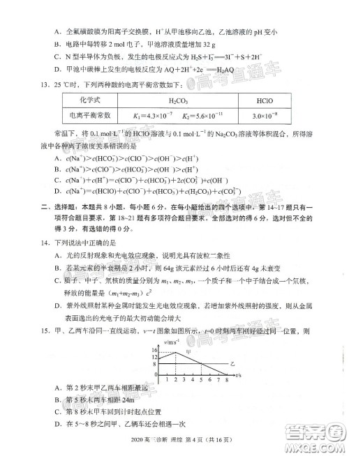 2020年兰州市高三诊断考试理科综合试题及答案