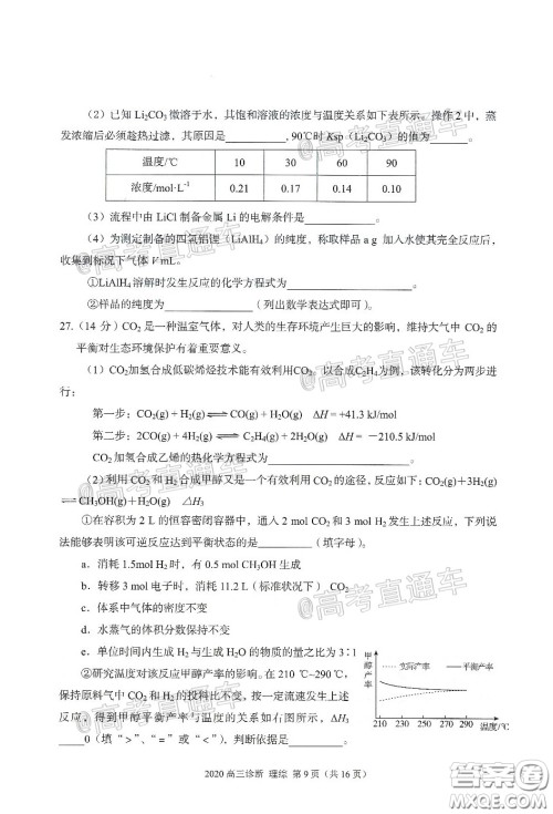 2020年兰州市高三诊断考试理科综合试题及答案