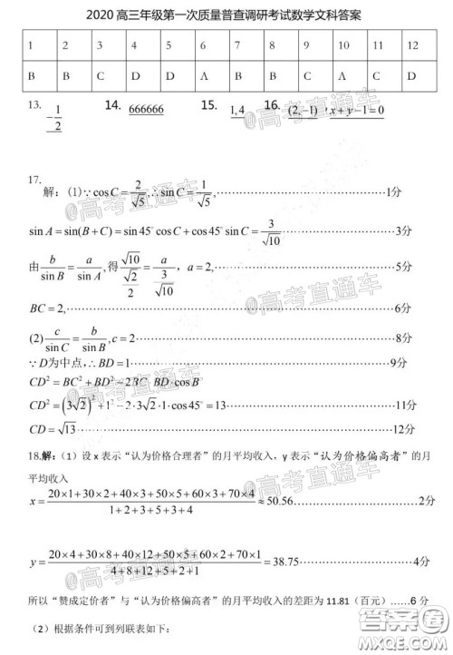 2020年呼和浩特市高三年级第一次质量普查调研考试文科数学试题及答案