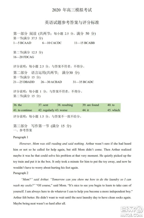济南2020年4月高三模拟考试英语答案 济南2020年4月高三模拟考试英语答案