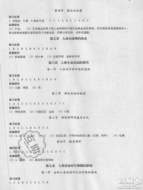 2020新版阳光学业评价七年级生物下册人教版参考答案