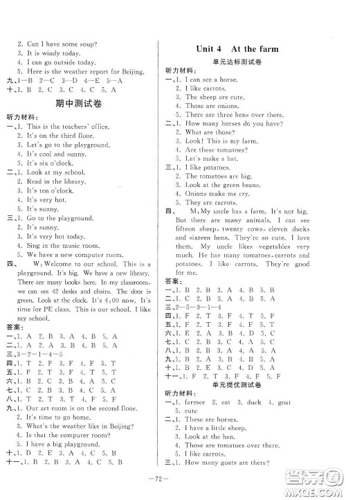 山东文艺出版社2020小学单元测试卷四年级英语下册人教版答案 山东文艺出版社2020小学单元测试卷四年级英语下册人教版答案