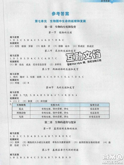 2020新版阳光学业评价八年级生物下册人教版参考答案