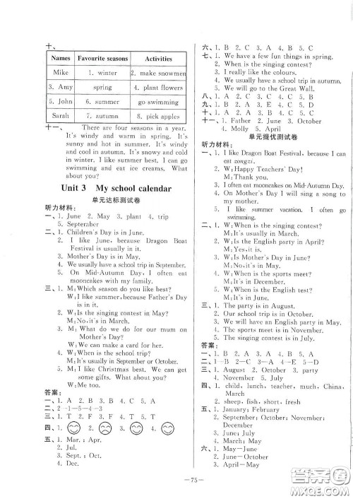 山东文艺出版社2020小学单元测试卷五年级下册英语人教版答案
