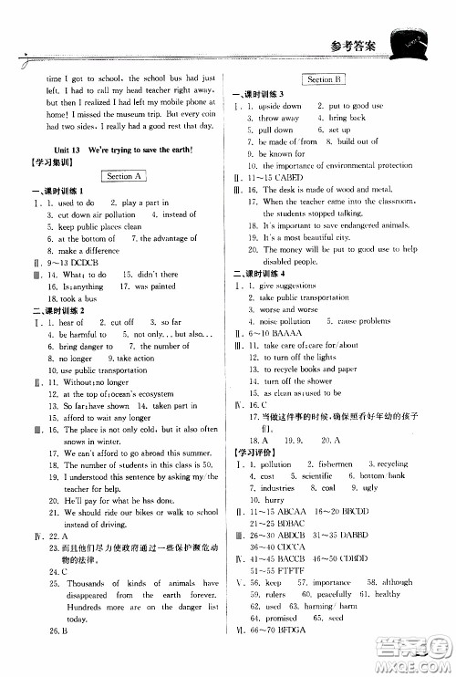 2020年长江作业本同步练习英语九年级下册人教版参考答案