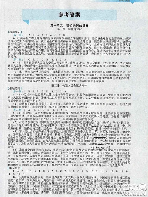 2020新版阳光学业评价九年级道德与法治下册人教版参考答案