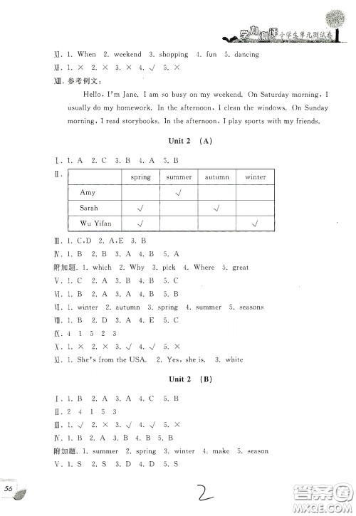 浙江工商大学出版社2020学力测评小学单元测试卷五年级英语下册答案 浙江工商大学出版社2020学力测评小学单元测试卷五年级英语下册答案