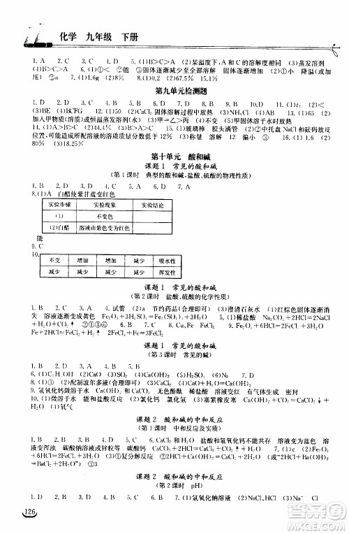 2020年长江作业本同步练习化学九年级下册人教版参考答案