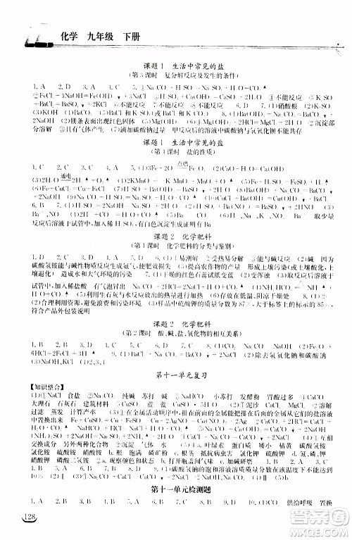 2020年长江作业本同步练习化学九年级下册人教版参考答案