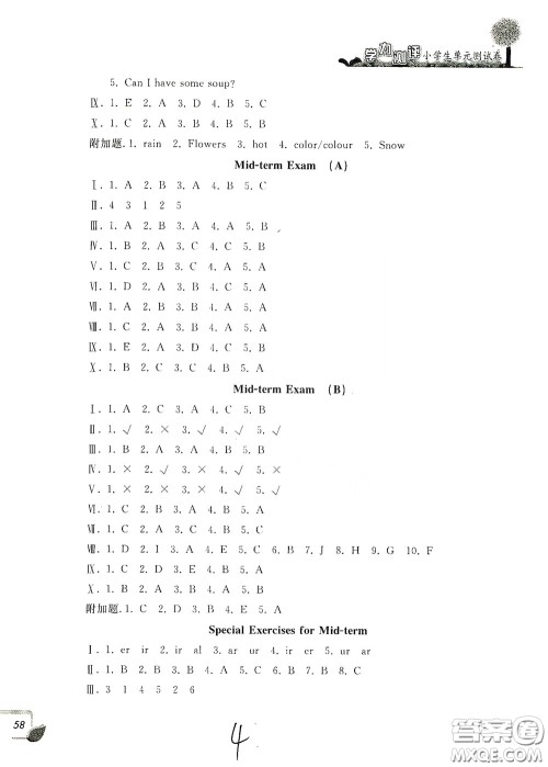 浙江工商大学出版社2020学力测评小学单元测试卷四年级英语下册答案 浙江工商大学出版社2020学力测评小学单元测试卷四年级英语下册答案