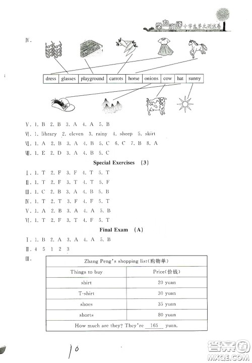 浙江工商大学出版社2020学力测评小学单元测试卷四年级英语下册答案