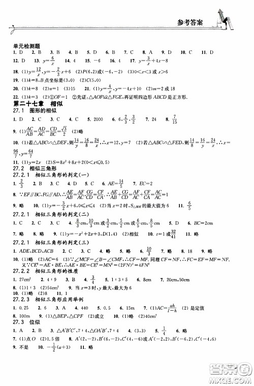 2020年长江作业本同步练习数学九年级下册人教版参考答案