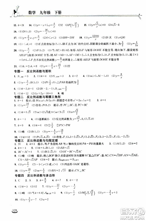 2020年长江作业本同步练习数学九年级下册人教版参考答案