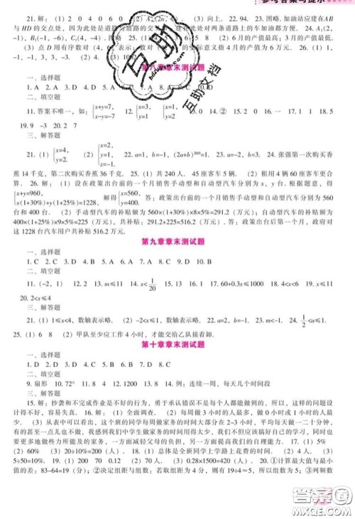 辽海出版社2020新版新课程数学能力培养七年级数学下册人教版答案