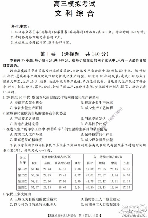 2020年广东金太阳高三模拟考试文综试题及答案 2020年广东金太阳高三模拟考试文综试题及答案
