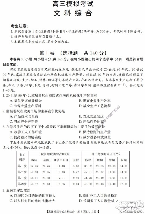 2020年广东金太阳高三模拟考试文综试题及答案