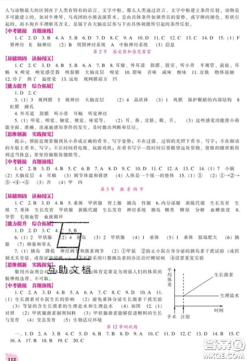 辽海出版社2020新版新课程生物能力培养七年级下册北师版答案