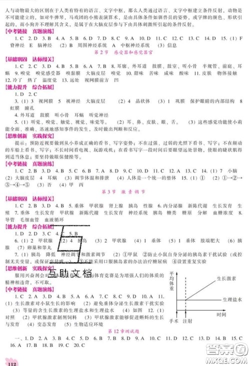 辽海出版社2020新版新课程生物能力培养七年级下册北师版答案