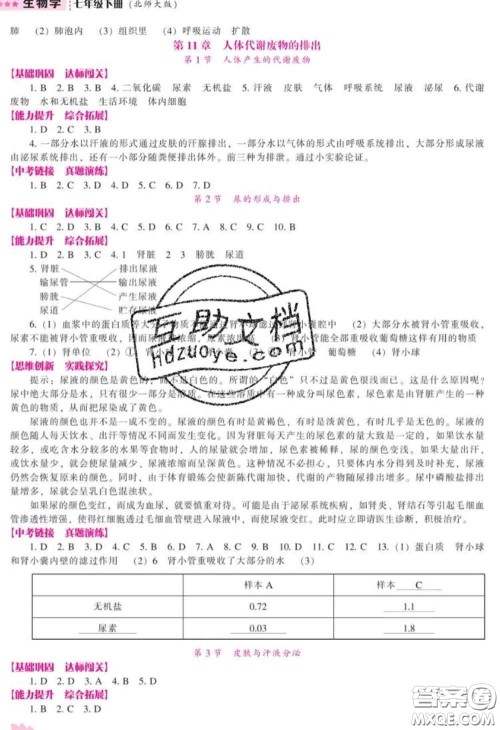 辽海出版社2020新版新课程生物能力培养七年级下册北师版答案