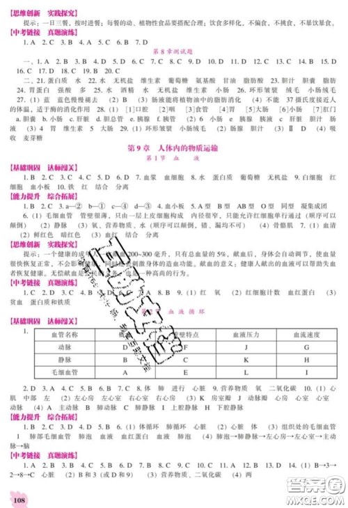 辽海出版社2020新版新课程生物能力培养七年级下册北师版答案