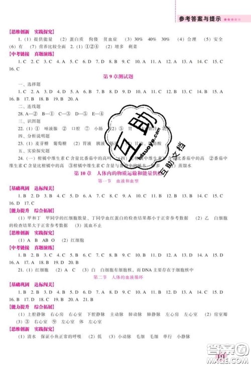 辽海出版社2020新版新课程生物能力培养七年级下册苏教版答案