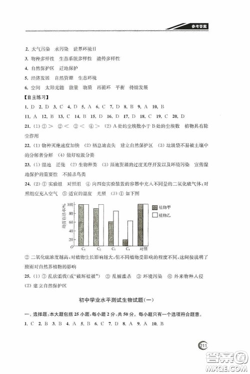 南通名卷学业水平测试2020南通市中考复习指南针生物答案