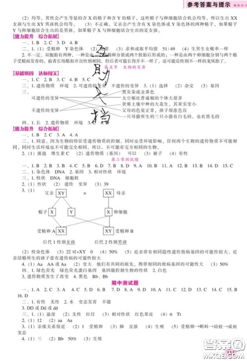 辽海出版社2020新版新课程生物能力培养八年级下册人教版答案