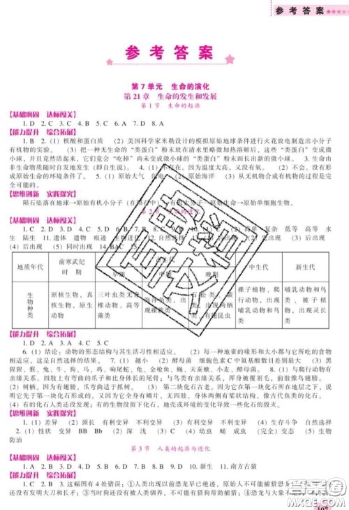 辽海出版社2020新版新课程生物能力培养八年级生物下册北师版答案