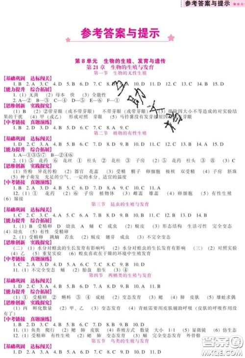 辽海出版社2020新版新课程生物能力培养八年级生物下册苏教版答案