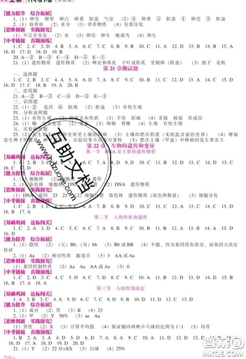 辽海出版社2020新版新课程生物能力培养八年级生物下册苏教版答案