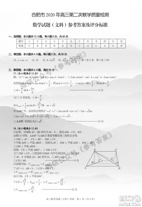 合肥市2020年高三第二次教学质量检测文科数学试题及答案