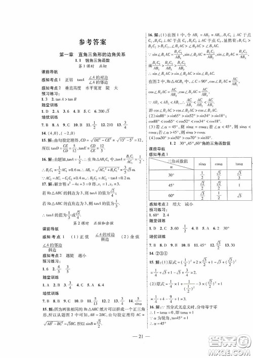 世界图书出版公司2020新课程成长资源课时精练九年级数学下册北师大版答案