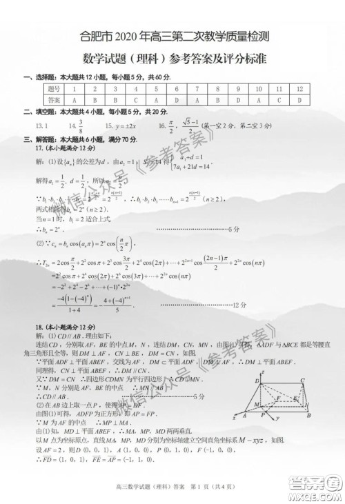 合肥市2020年高三第二次教学质量检测理科数学试题及答案