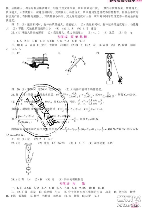 辽海出版社2020新版新课程物理能力培养九年级物理下册人教版答案