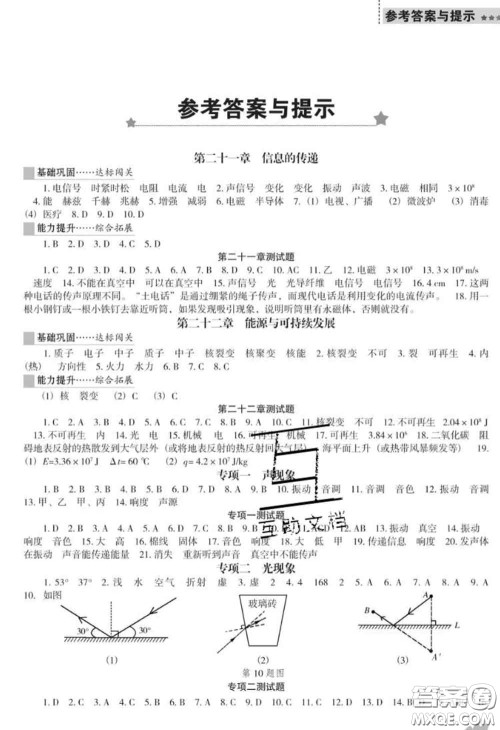 2020新版新课程物理能力培养九年级物理下册人教版D版答案