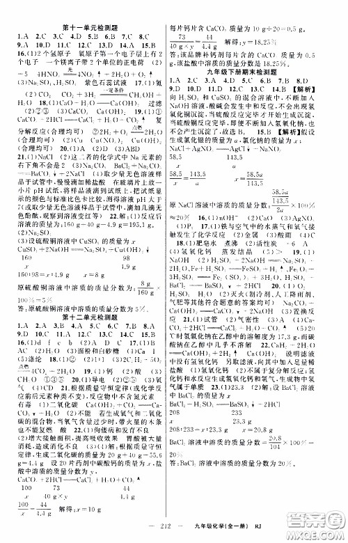2020年学生课程精巧训练课堂创新学练测化学九年级下RJ人教版参考答案