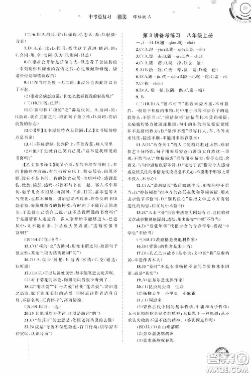 广西教育出版社2020中考先锋中考总复习语文课标版A答案 广西教育出版社2020中考先锋中考总复习语文课标版A答案