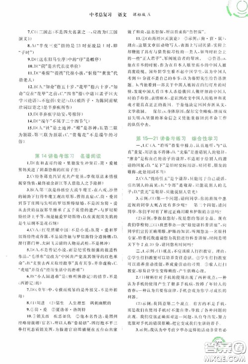 广西教育出版社2020中考先锋中考总复习语文课标版A答案