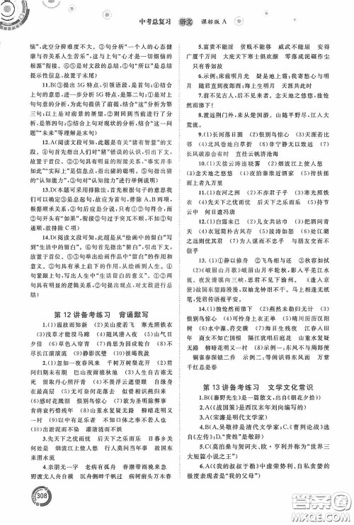 广西教育出版社2020中考先锋中考总复习语文课标版A答案