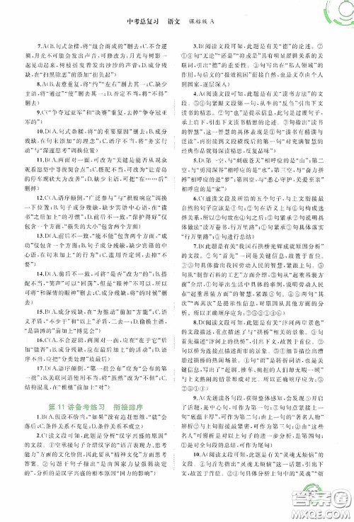 广西教育出版社2020中考先锋中考总复习语文课标版A答案