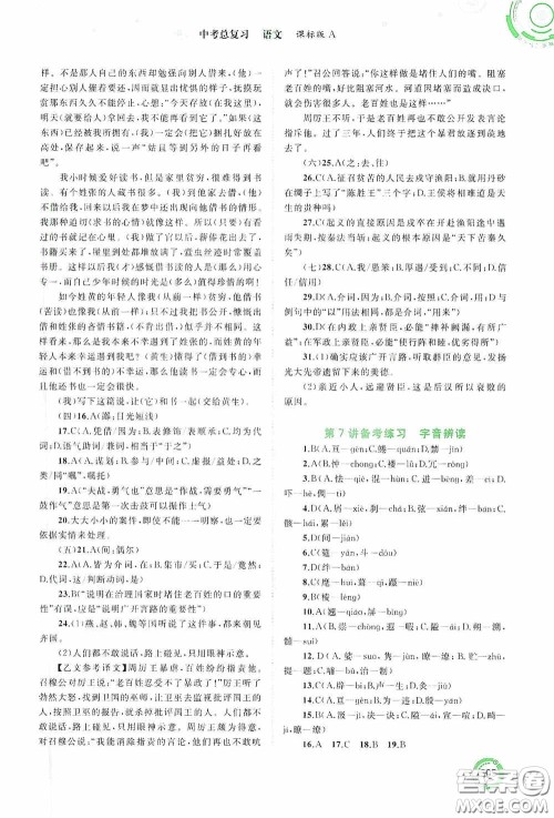 广西教育出版社2020中考先锋中考总复习语文课标版A答案