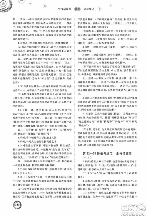 广西教育出版社2020中考先锋中考总复习语文课标版A答案