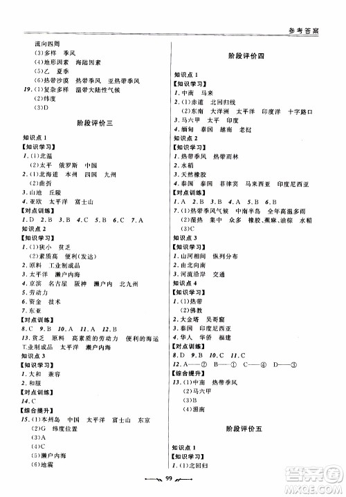 2020年新课程评价手册地理七年级下册人教版参考答案