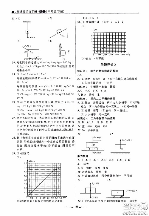 辽宁师范大学出版社2021新课程评价手册八年级物理下册答案