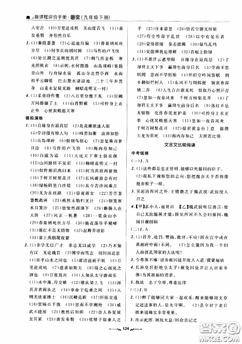 辽宁师范大学出版社2021新课程评价手册九年级语文下册答案