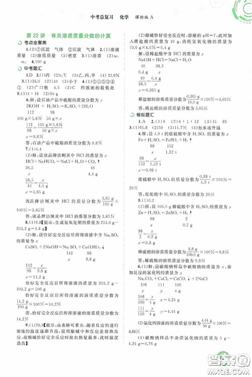 广西教育出版社2020中考先锋中考总复习化学课标版A答案