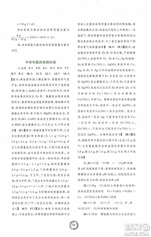 广西教育出版社2020中考先锋中考总复习配套测试卷化学课标版A答案 广西教育出版社2020中考先锋中考总复习配套测试卷化学课标版A答案